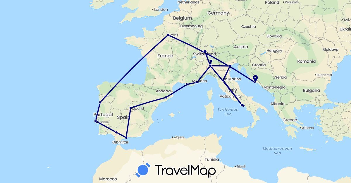 TravelMap itinerary: driving in Switzerland, Spain, France, Croatia, Italy, Portugal (Europe)